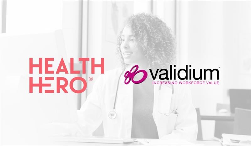 Image shows a young female doctor in a white coat and a stethescope around her neck in faded black and white with the HealthHero logo and Validium logo superimposed