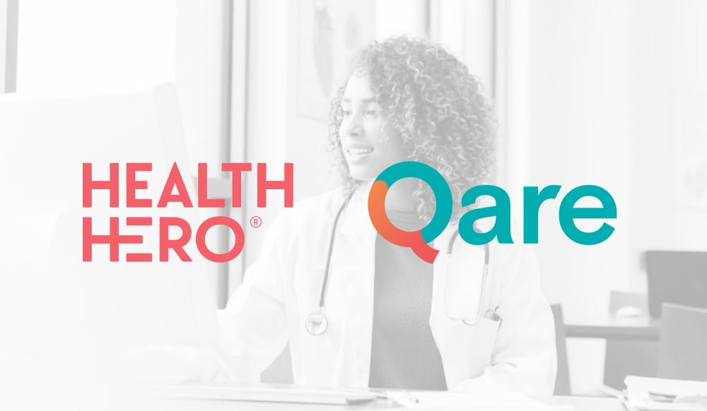 Image shows a young female doctor in a white coat and a stethescope around her neck in faded black and white with the HealthHero logo and Qare logo superimposed