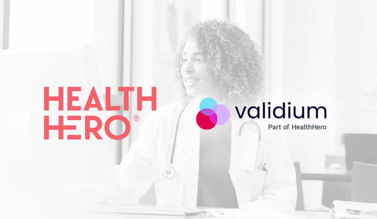 Image shows a young female doctor in a white coat and a stethescope around her neck in faded black and white with the HealthHero logo and Validium logo superimposed