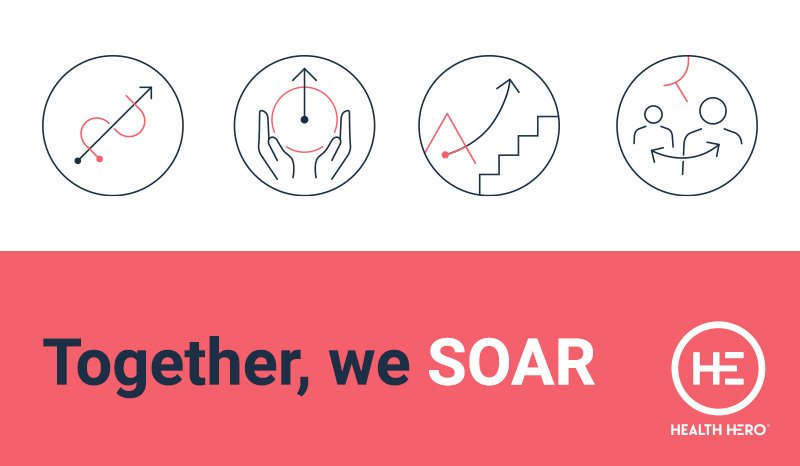 Image shows four circular icons with the text 'Together, we soar' and the HealthHero logo